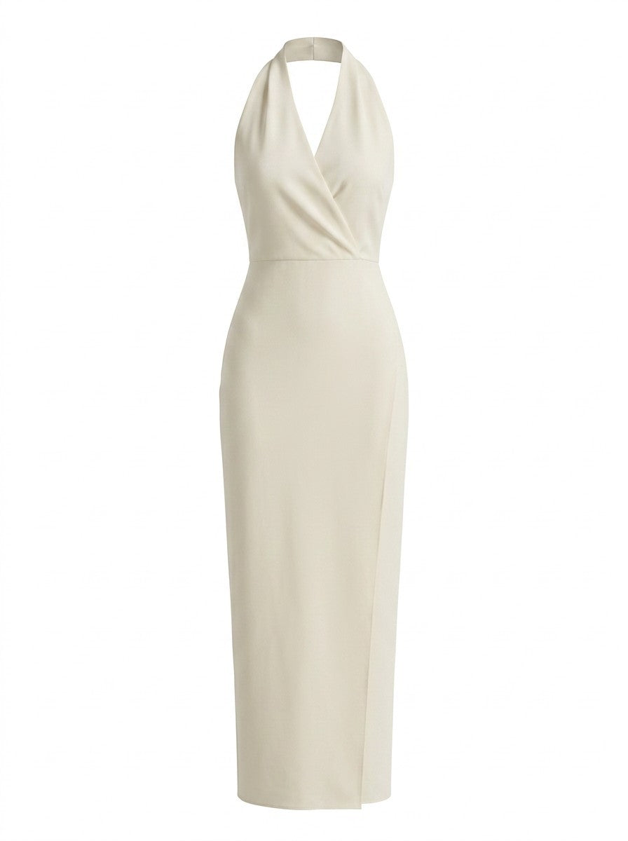 Archive Wrap Halter Dress in Silk Linen Ecru — front view, halter neckline with wrap silhouette and side slit