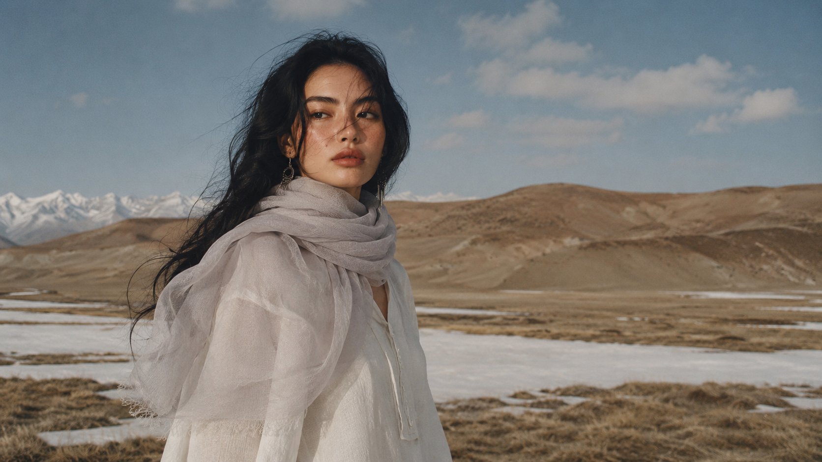 Silk & Cotton Gauze Scarf — Grey / Cream / Lavender
