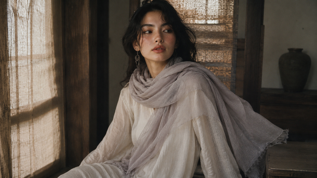 Silk & Cotton Gauze Scarf — Grey / Cream / Lavender