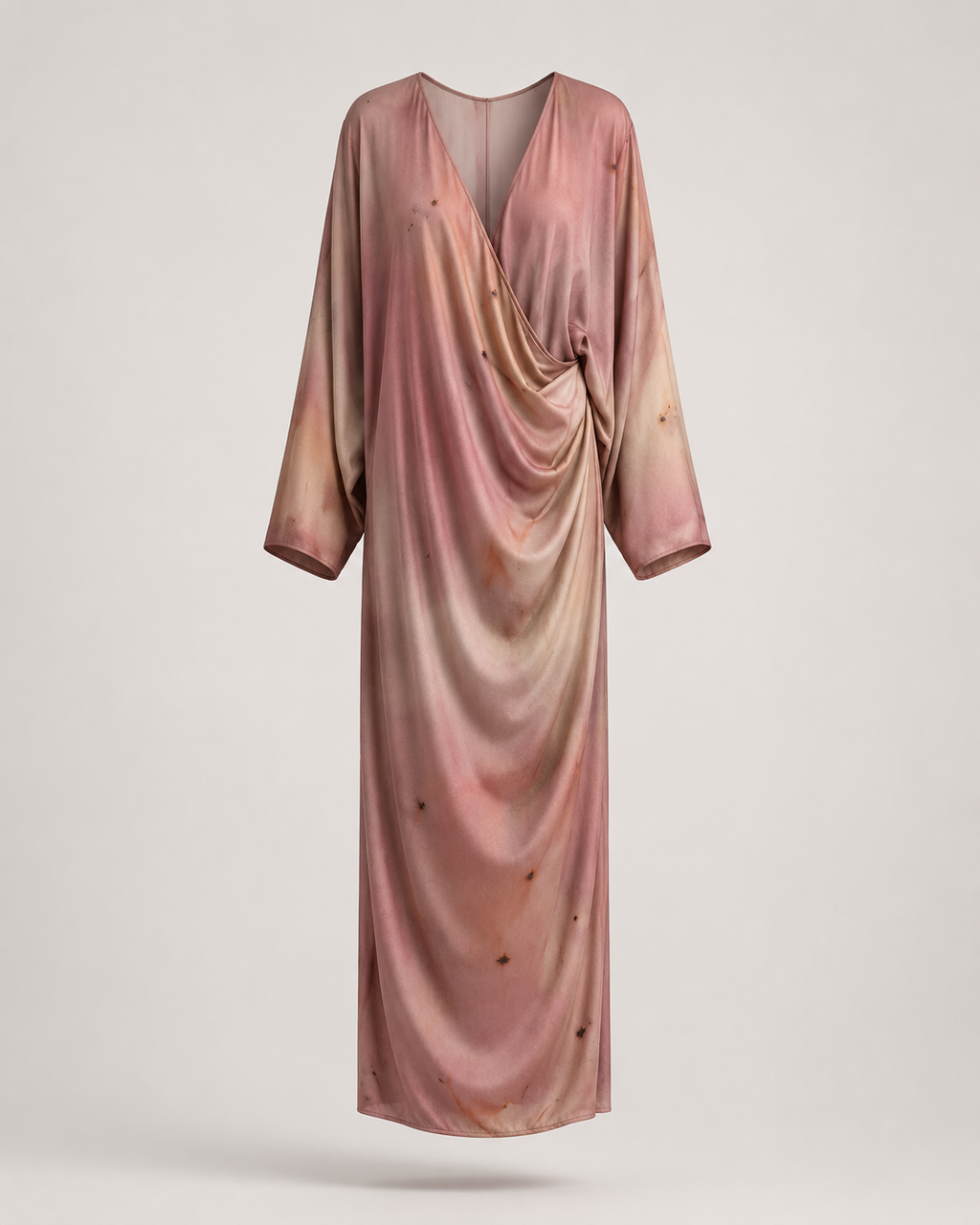 Archive Draped Wrap Dress in Blush Silk — front view, draped wrap silhouette with long sleeves and subtle dot embellishments