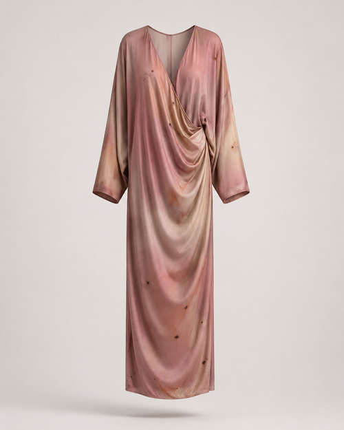 Archive Draped Wrap Dress in Blush Silk — front view, draped wrap silhouette with long sleeves and subtle dot embellishments