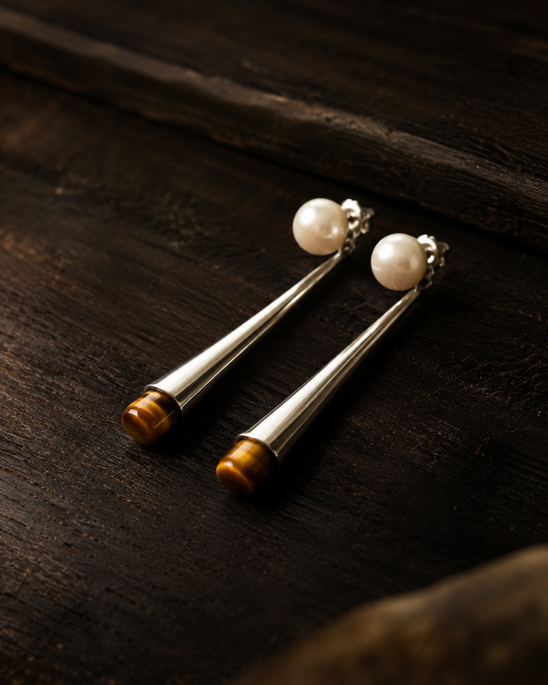 Retro Pearl & Tiger Eye Agate Long Pendant Earrings