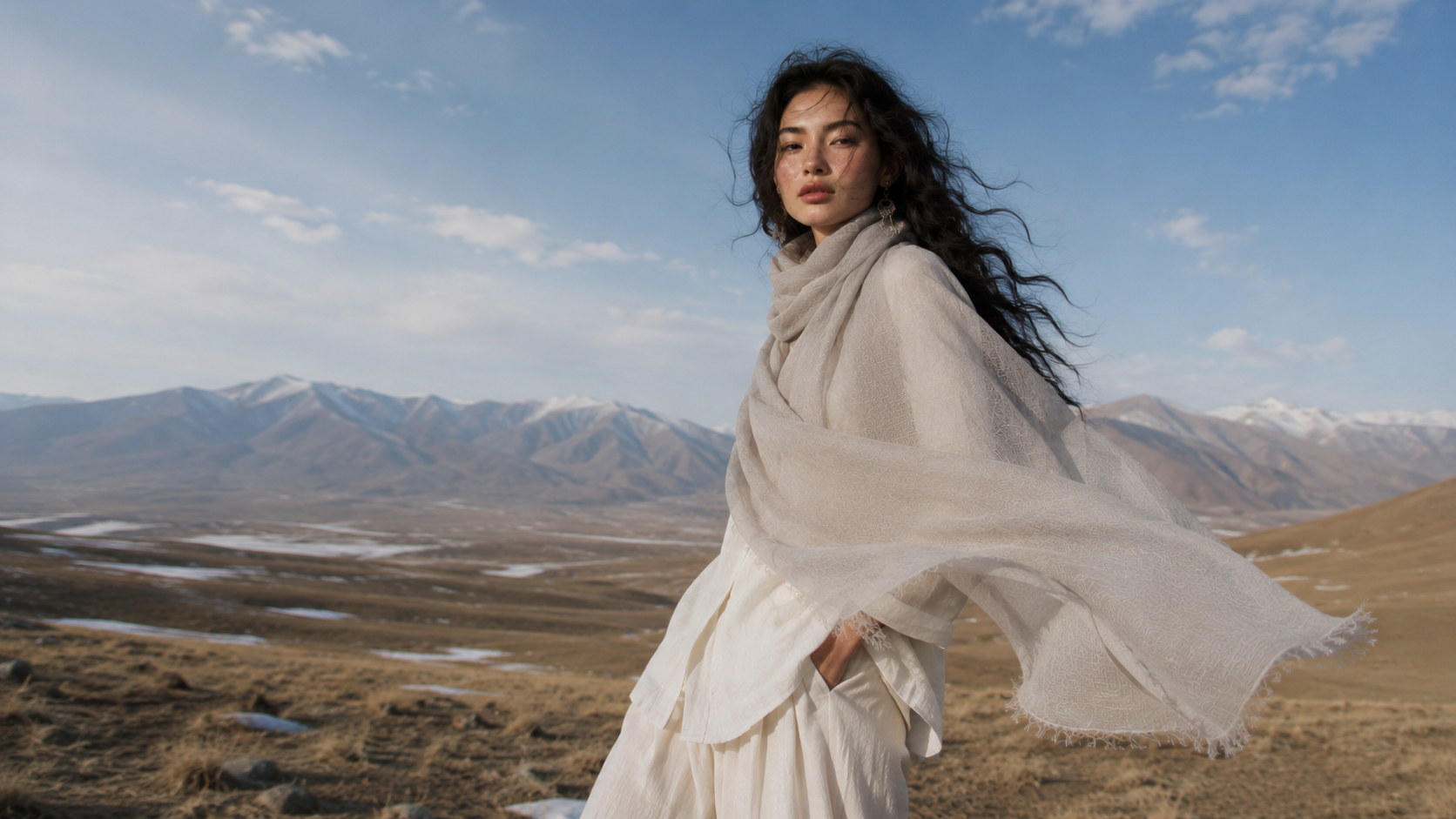 Silk & Cotton Gauze Scarf — Grey / Cream / Lavender