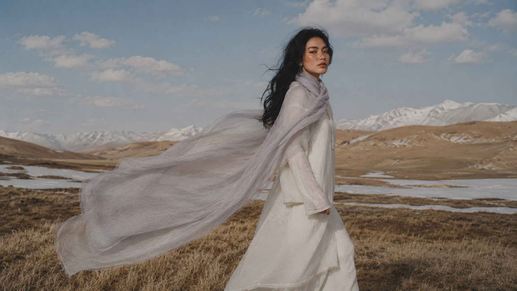 Silk & Cotton Gauze Scarf — Grey / Cream / Lavender