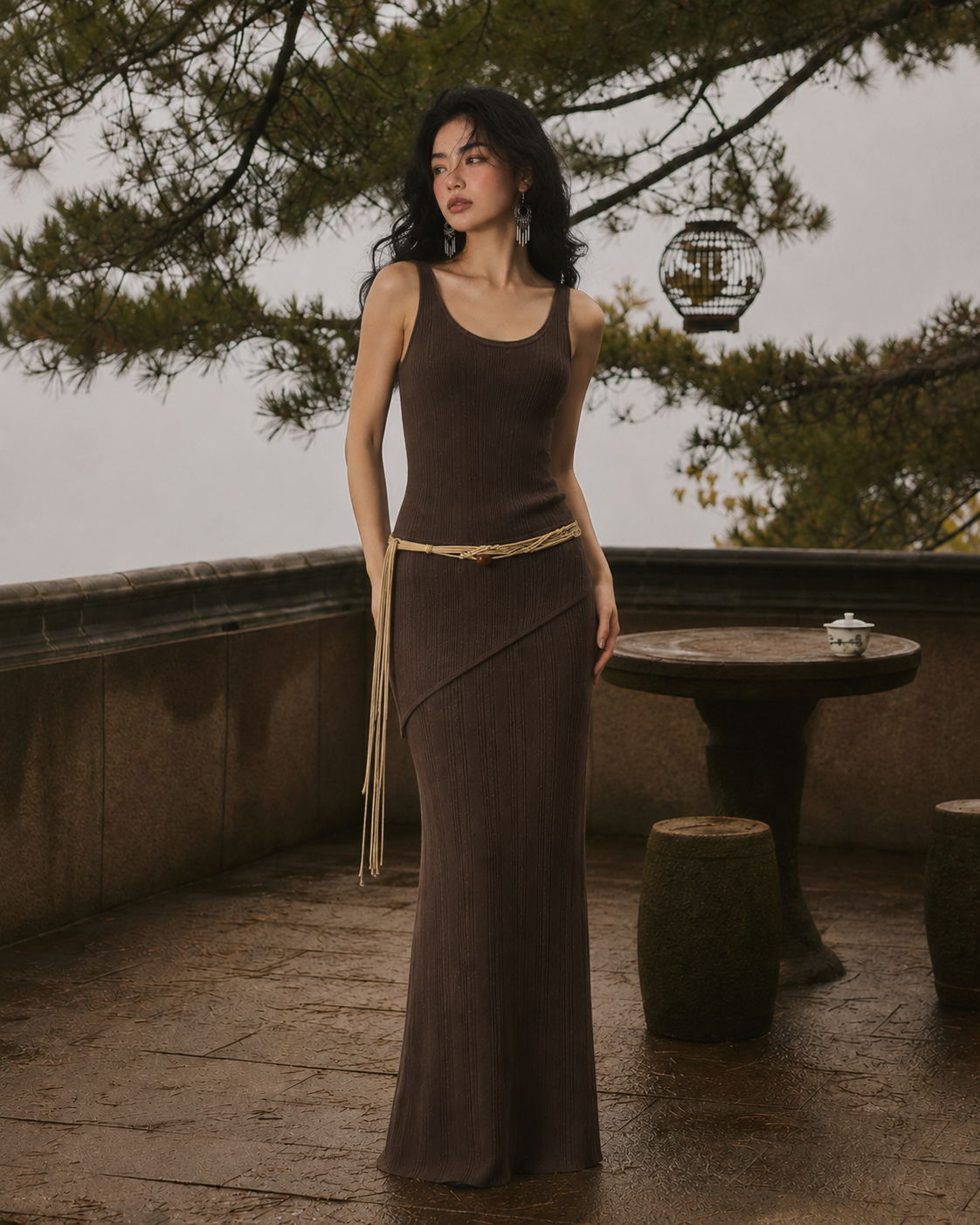 Model wearing dark brown ribbed knit maxi dress with rope belt, editorial outdoor setting