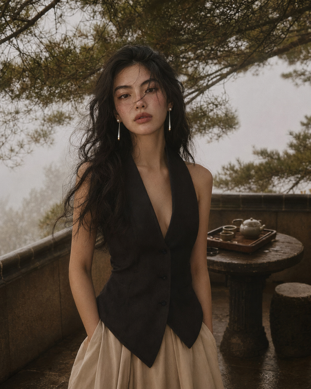 Retro Pearl & Black Agate Long Pendant Earrings — editorial portrait, Soft Archive