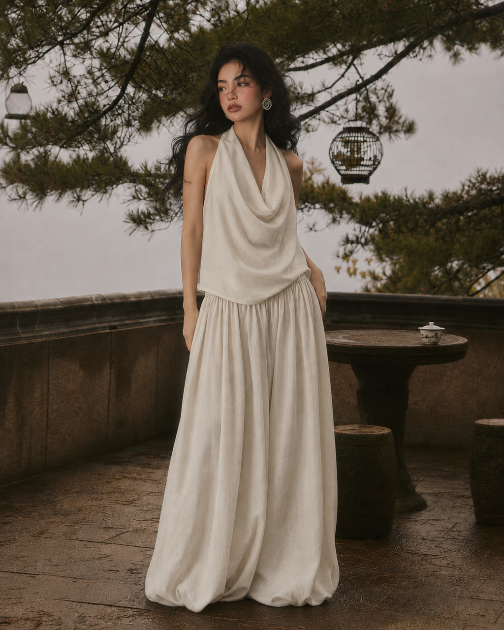 Retro Cowl Neck Halter & Bubble Skirt Set · White