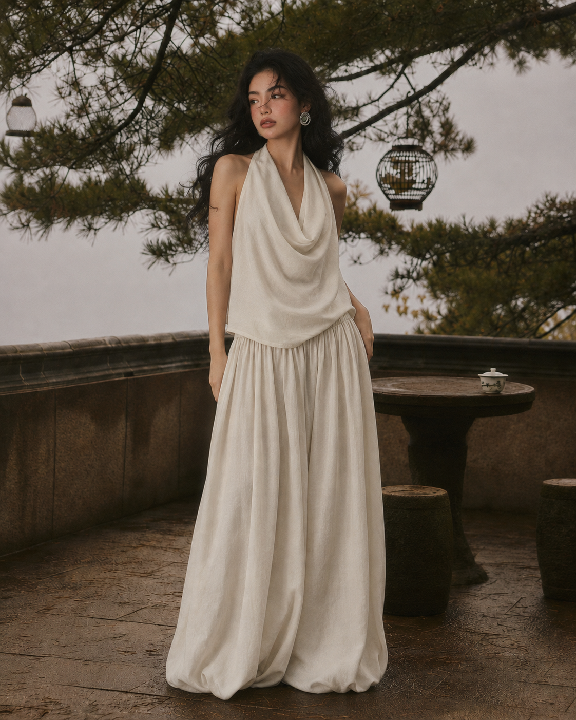 Retro Cowl Neck Halter & Bubble Skirt Set · White