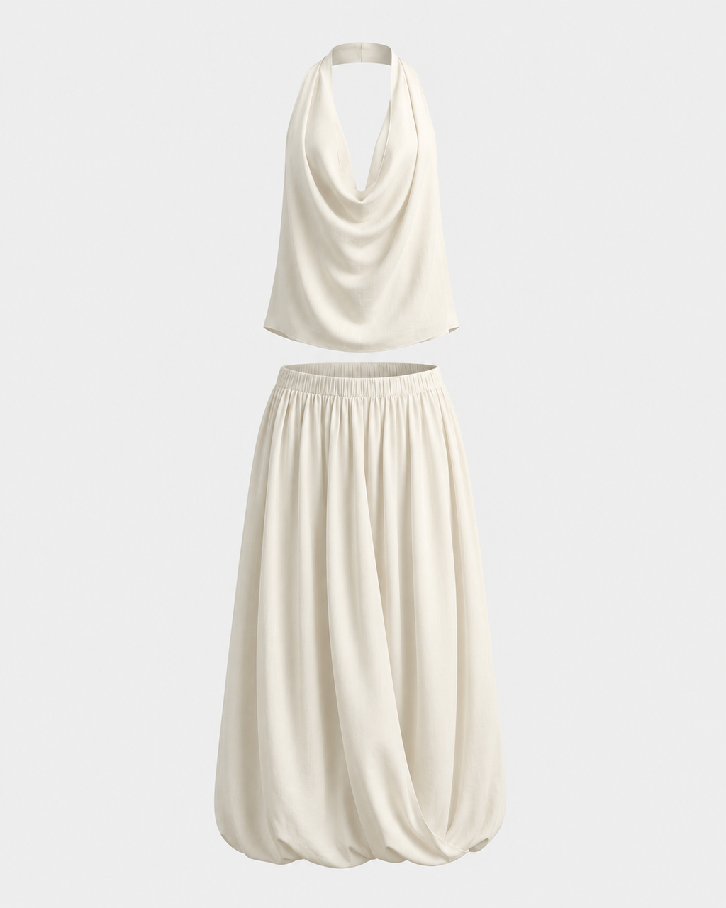 Retro Cowl Neck Halter & Bubble Skirt Set · White