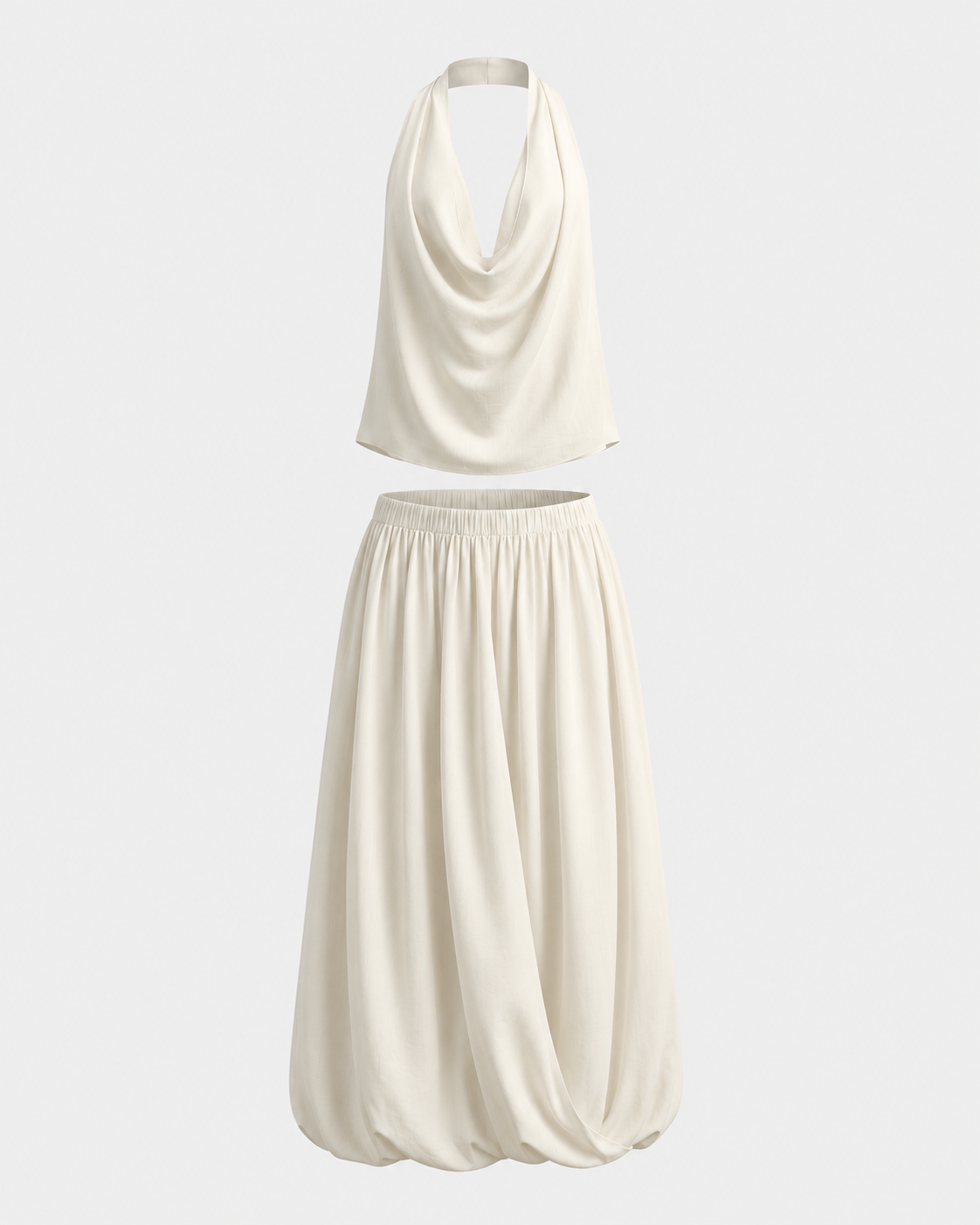 Retro Cowl Neck Halter & Bubble Skirt Set · White