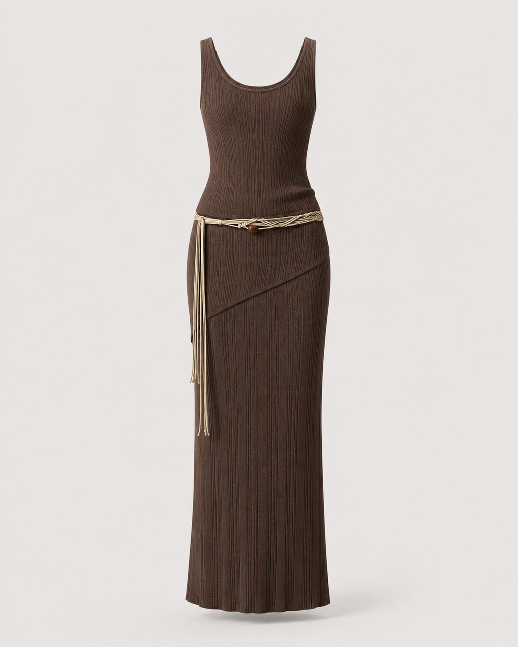 Dark chocolate brown ribbed knit maxi dress with braided rope belt, flat lay on white background