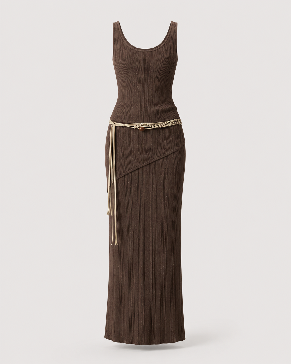 Dark chocolate brown ribbed knit maxi dress with braided rope belt, flat lay on white background