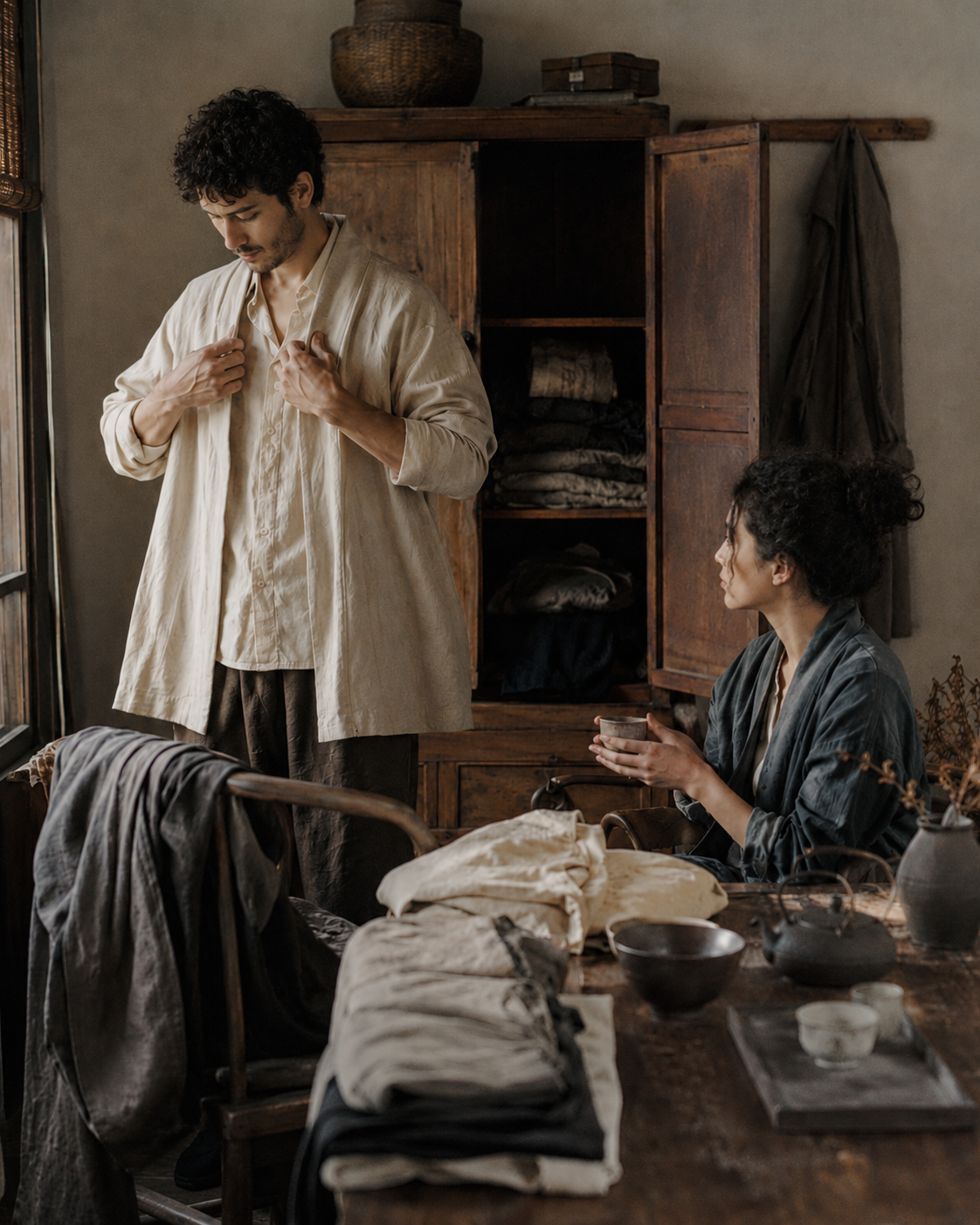 A man in a rustic room adjusts a cream linen shirt while a woman sits at a wooden table nearby, surrounded by folded linens and tea accessories.