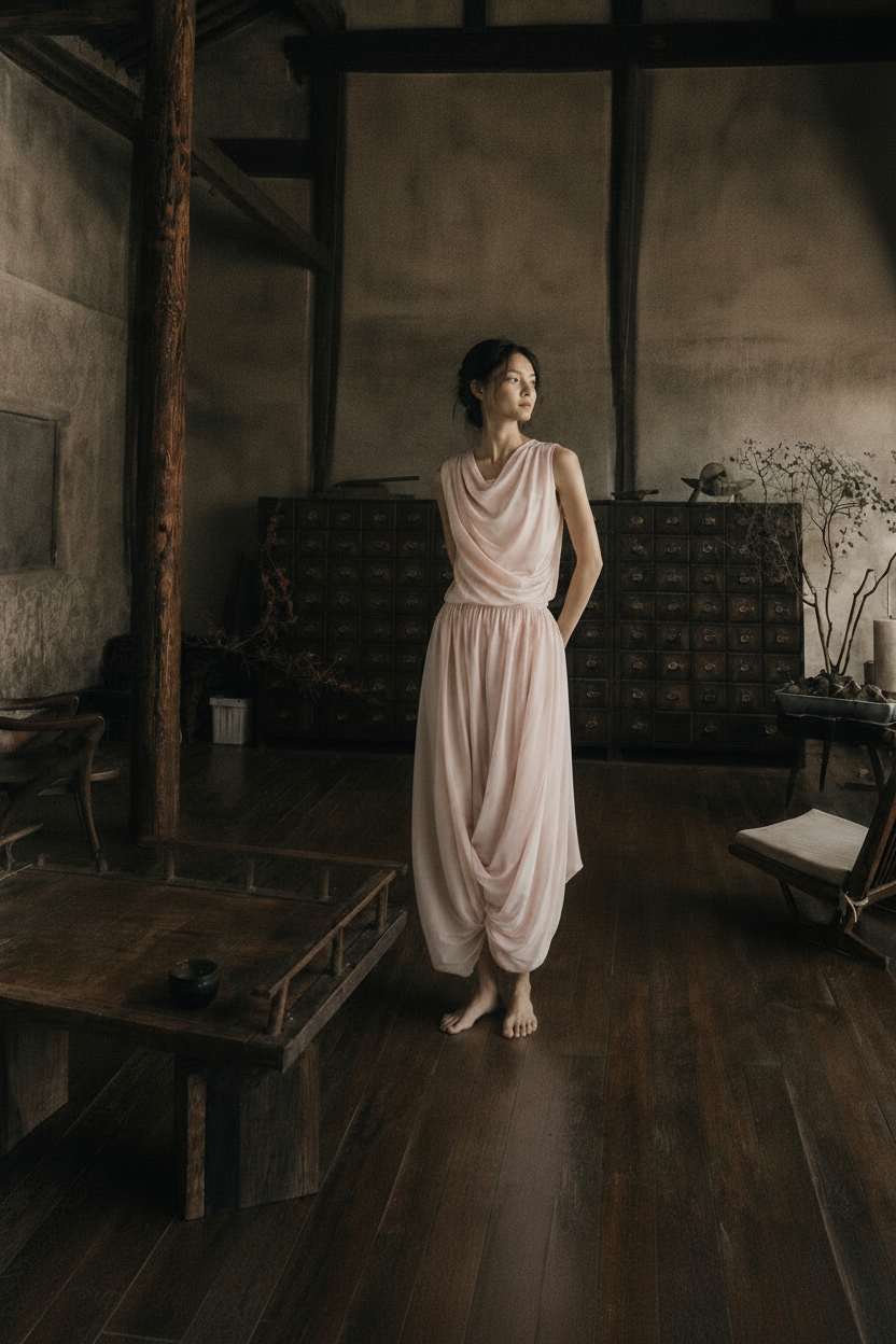 Archive Draped Dress · Blush Silk Blend — face shadow adjusted