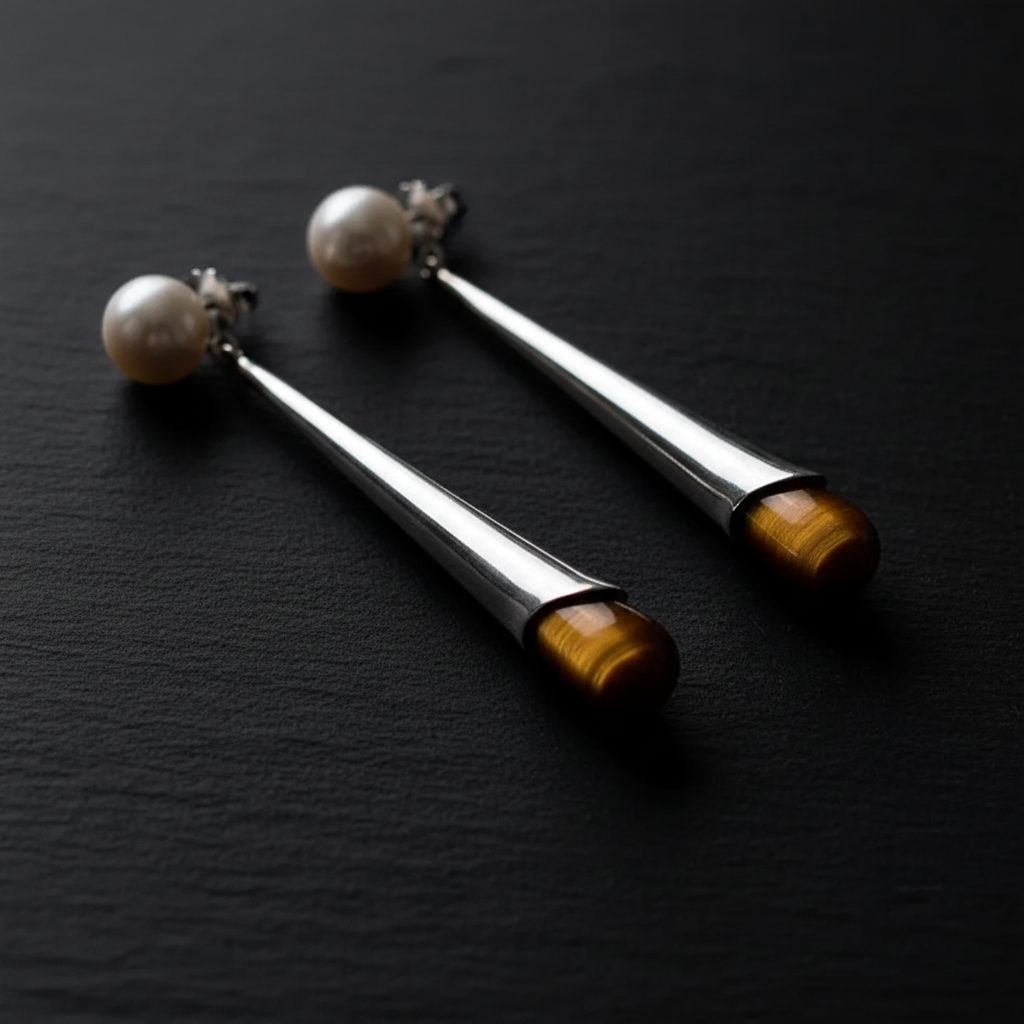 Pearl & Tiger's Eye Earrings — Dark Background